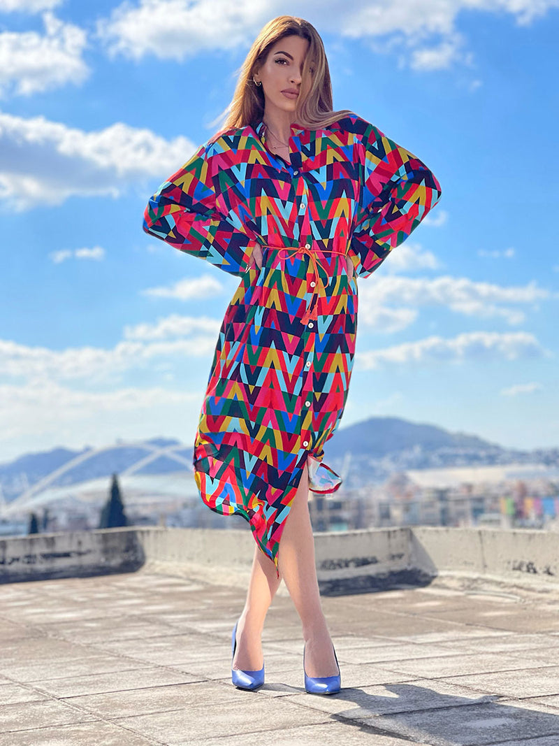 Maxi Φόρεμα Σεμιζιέ με Γεωμετρικό Multicolor Print Viscose