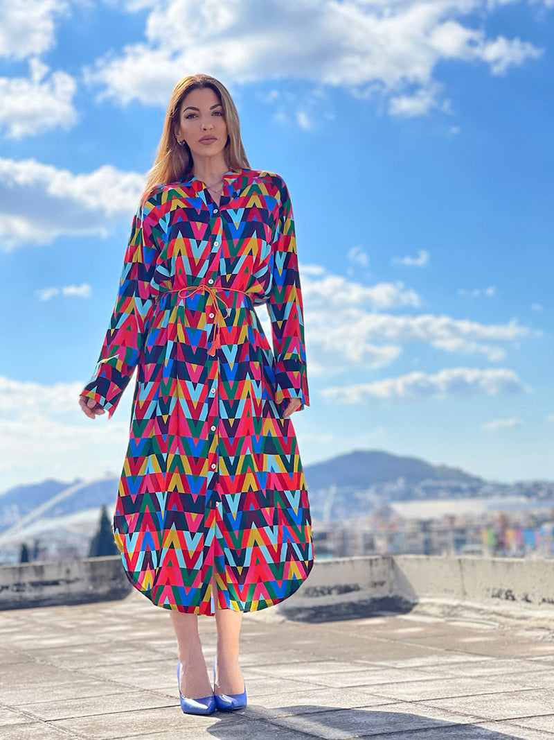 Maxi Φόρεμα Σεμιζιέ με Γεωμετρικό Multicolor Print Viscose