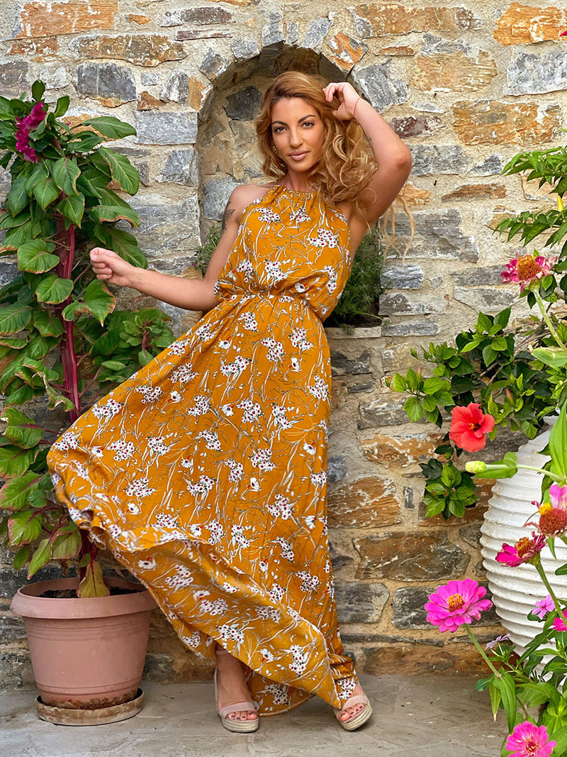 Φόρεμα Maxi Floral Κίτρινο-Κροκί με Ανοιχτή Πλάτη
