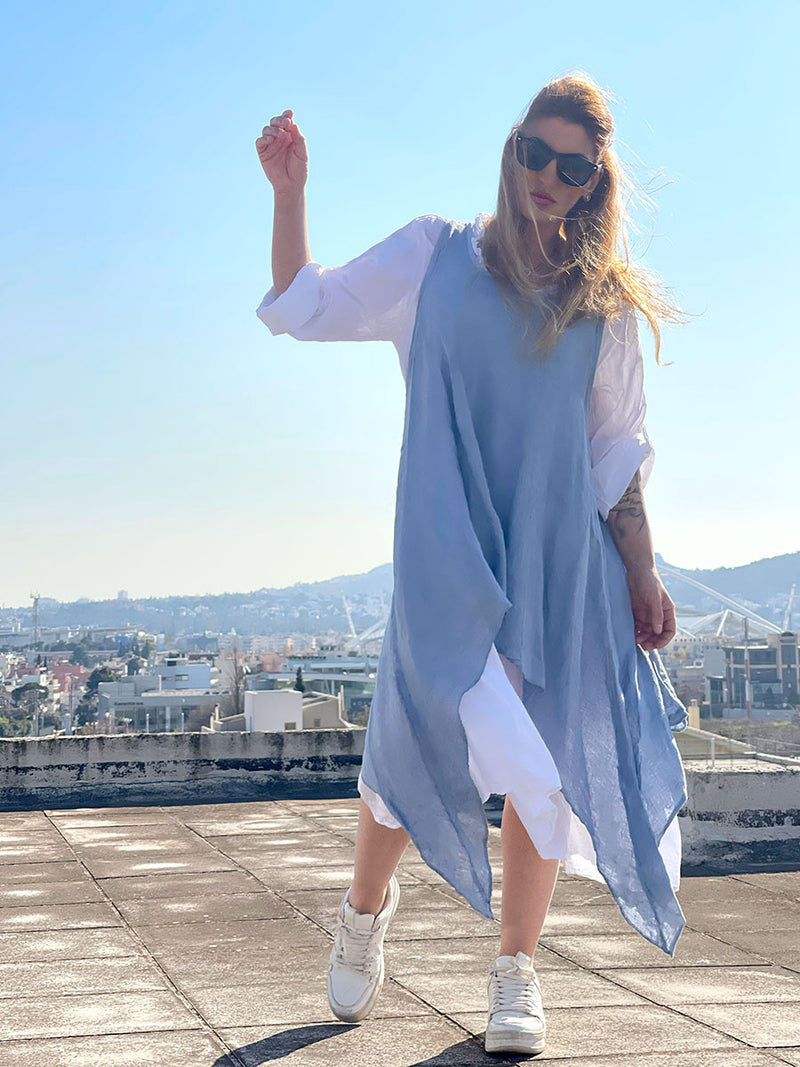 Oversized Λινό Μακρυμάνικο Maxi Φόρεμα Λευκό-Γαλάζιο