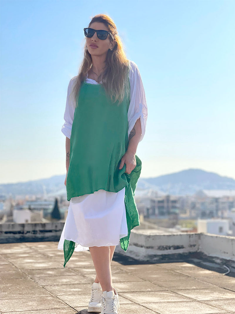 Oversized Λινό Μακρυμάνικο Maxi Φόρεμα Λευκό-Πράσινο
