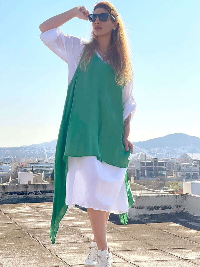 Oversized Λινό Μακρυμάνικο Maxi Φόρεμα Λευκό-Πράσινο