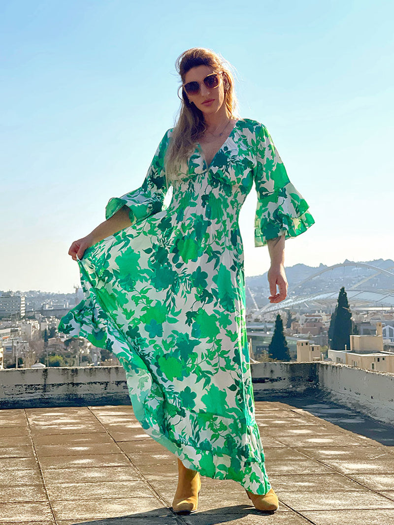 Μακρυμάνικο Maxi Φόρεμα Floral Πράσινο