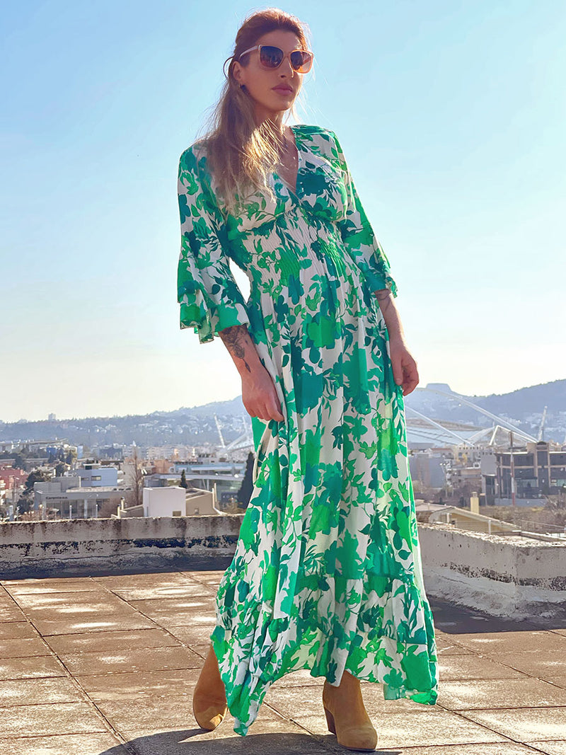 Μακρυμάνικο Maxi Φόρεμα Floral Πράσινο